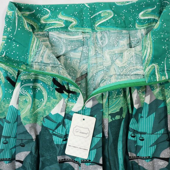 Dressever Pleated Skirt Mountains Deer Wolves Green Winter Side Zip - Picture 6 of 11
